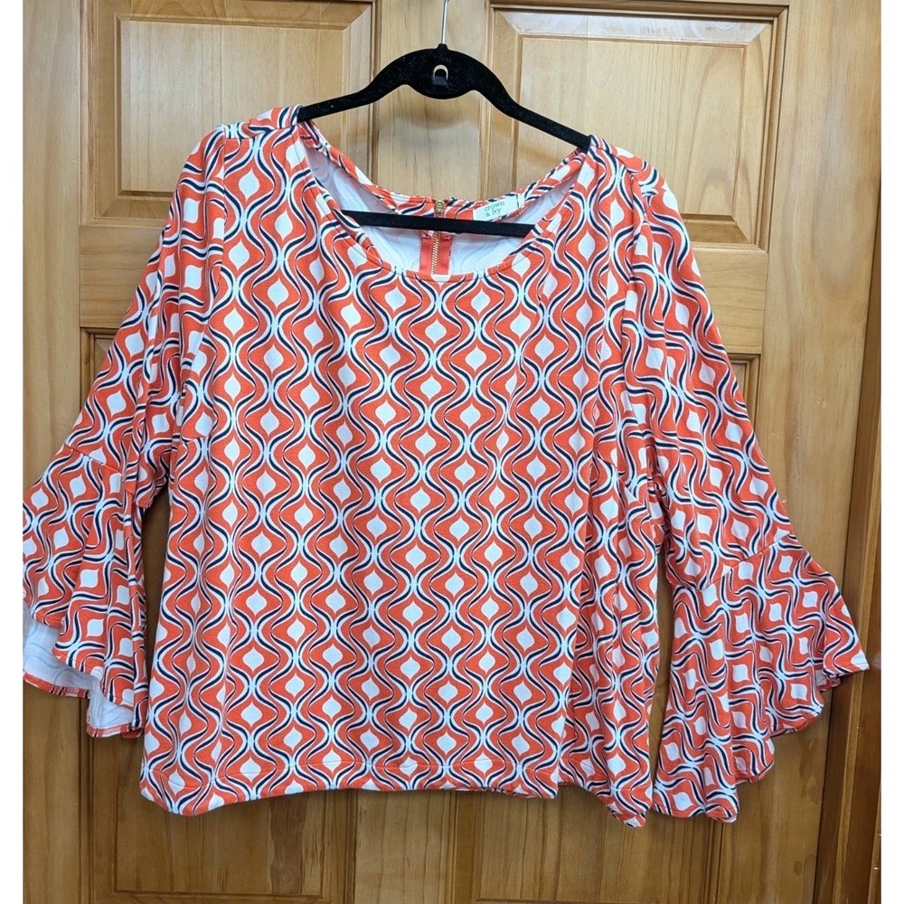 Women's Orange Geo Print Bell Sleeve Top